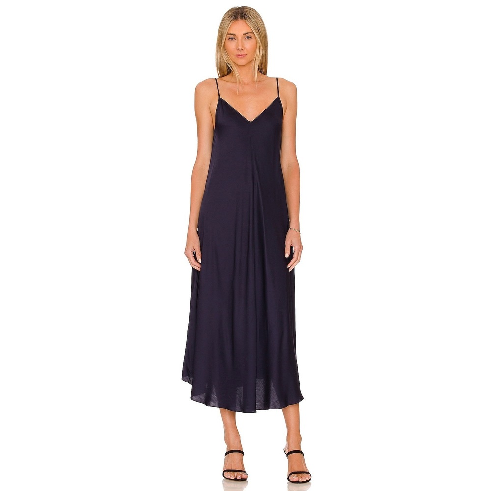 NEW L'AGENCE Lorraine Trapeze Slip Dress in Midnight Navy Blue Midi Maxi Satin